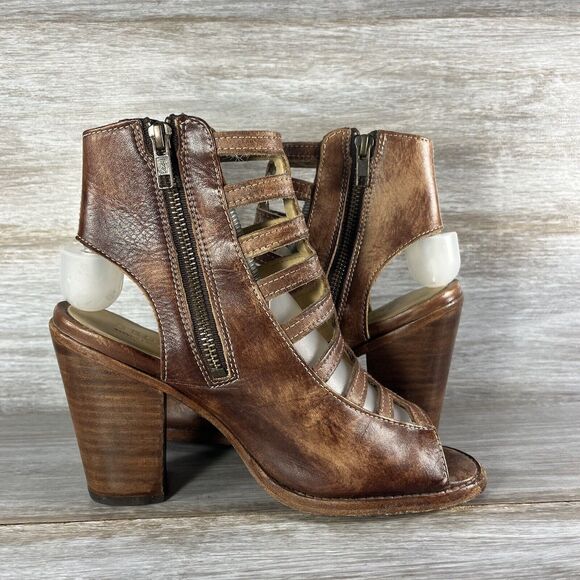 Bed Stu Women's Occam Cognac Brown Leather Peep Toe Heels Size 7 - Picture 7 of 10